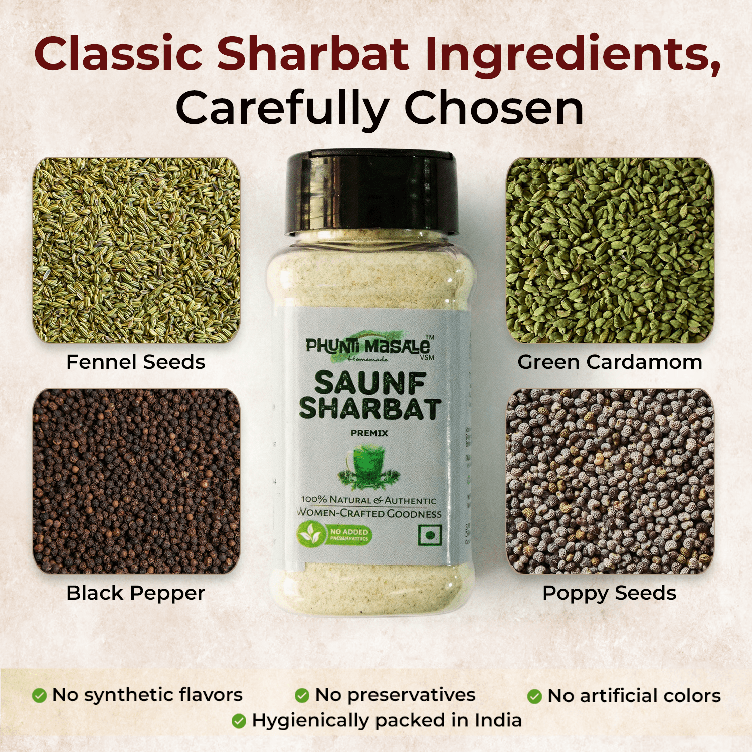 Saunf Sharbat Premix 100g | Refreshing & Effective Digestive Drink for Bloating & Cooling Relief | Refreshing Variyali Fennel Sharbat with Poppy Seeds & Cardamom 3 Saunf Sharbat Premix ingredients – fennel seeds, green cardamom, black pepper and poppy seeds