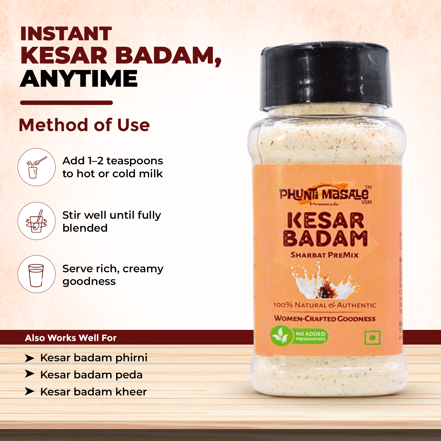 Kesar Badam Milk Mix - 100g | Sweet & Milk Mix for Hot or Cold Milk | No Preservatives, No Colors & No Added Flavors 5 Kesar Badam Milk Mix - 100g | Sweet & Milk Mix for Hot or Cold Milk | No Preservatives, No Colors & No Added Flavors - Image 5
