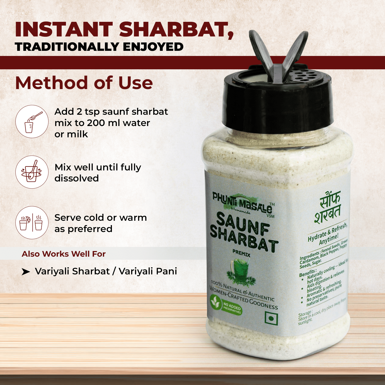 Saunf Sharbat Premix 100g | Refreshing & Effective Digestive Drink for Bloating & Cooling Relief | Refreshing Variyali Fennel Sharbat with Poppy Seeds & Cardamom 5 How to use Saunf Sharbat Premix – add fennel variayali drink powder to water or milk and mix well