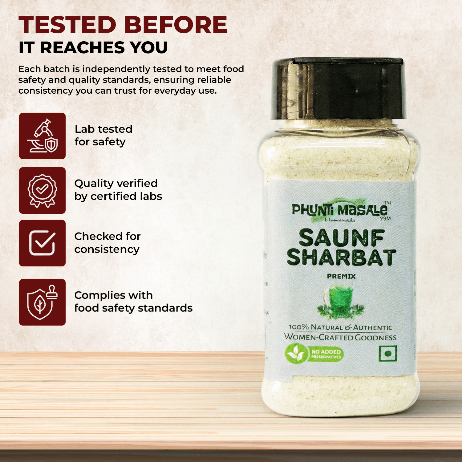 Saunf Sharbat Premix 100g | Refreshing & Effective Digestive Drink for Bloating & Cooling Relief | Refreshing Variyali Fennel Sharbat with Poppy Seeds & Cardamom 6 Saunf Sharbat Premix lab tested for safety and quality compliance in India