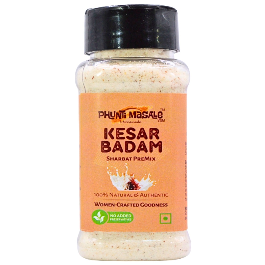 Kesar Badam Milk Mix - 100g | Sweet & Milk Mix for Hot or Cold Milk | No Preservatives, No Colors & No Added Flavors 1 Phunti Masale Kesar Badam Milk Mix Powder – natural badam kesar milk and sharbat mix with no preservatives