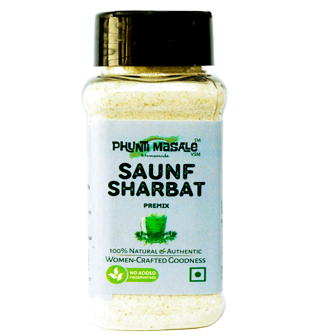 Saunf Sharbat Premix 100g | Refreshing & Effective Digestive Drink for Bloating & Cooling Relief | Refreshing Variyali Fennel Sharbat with Poppy Seeds & Cardamom 1 Phunti Masale Saunf Sharbat Premix made with premium fennel seeds, poppy seeds, and green cardamom.
