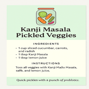 Pickled cucumber, carrot, and radish tossed in Kanji Masala.