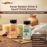 Kesar Badam drink and Saunf Sharbat served in glasses with Phunti Masale premix bottles traditional Indian beverage combo