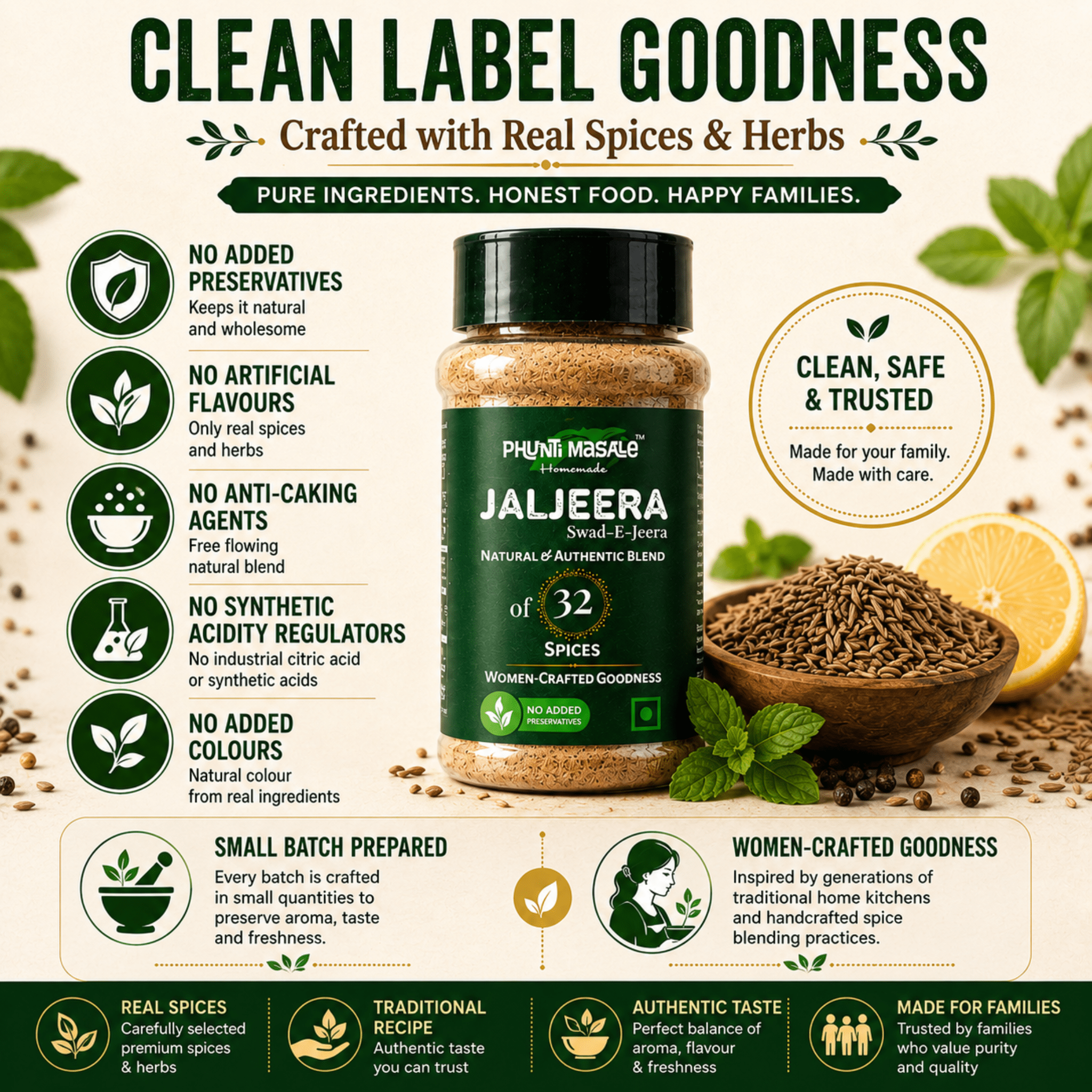 Jaljeera Powder (Swad-E-Jeera) | Family Recipe Jaljeera Masala with 32 Traditional Spices and Herbs | Phunti Masale VSM 5 Clean label jaljeera masala with no added preservatives no artificial flavours and no synthetic acidity regulators
