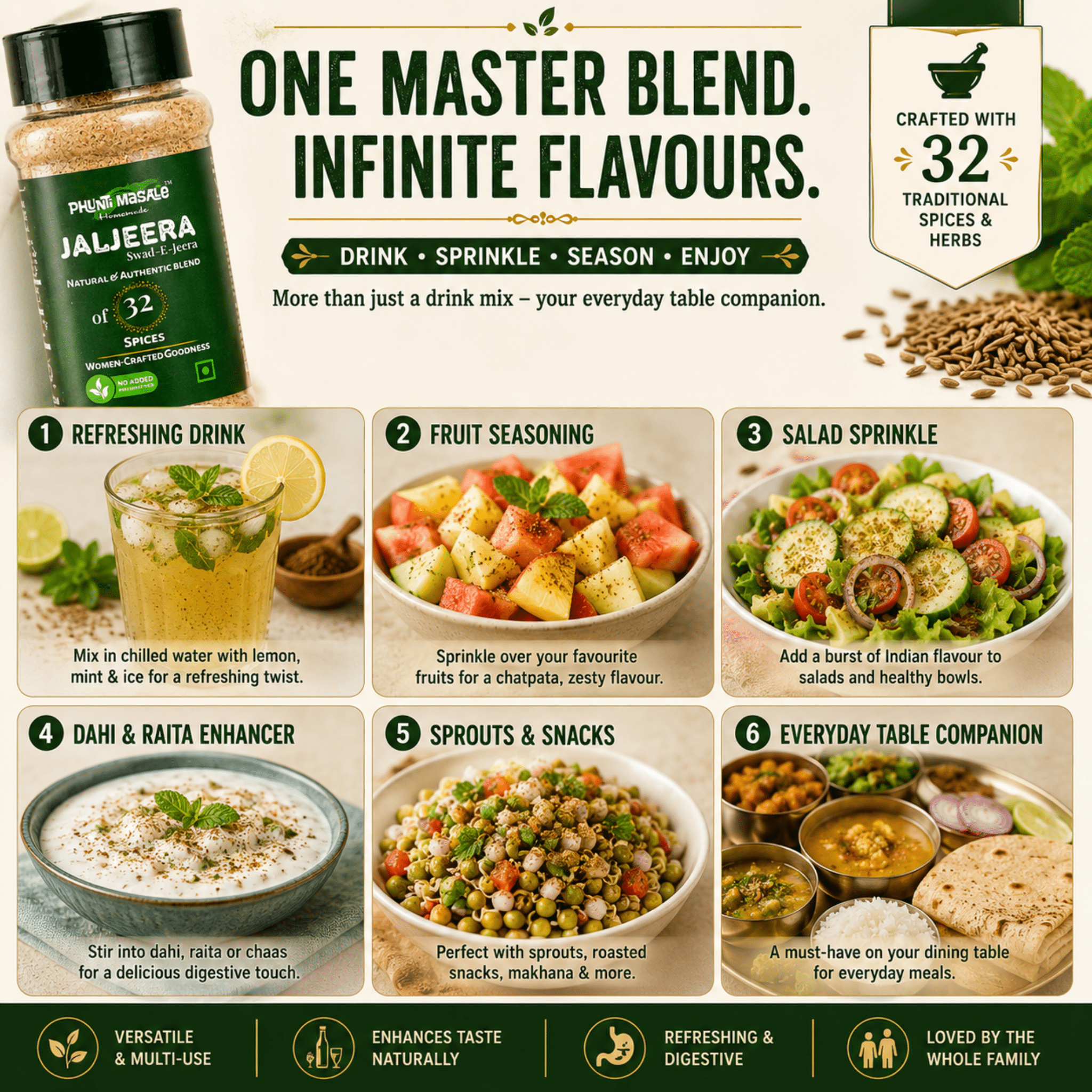 Jaljeera Powder (Swad-E-Jeera) | Family Recipe Jaljeera Masala with 32 Traditional Spices and Herbs | Phunti Masale VSM 7 Jaljeera masala used as drink mix fruit seasoning salad sprinkle raita enhancer and table seasoning