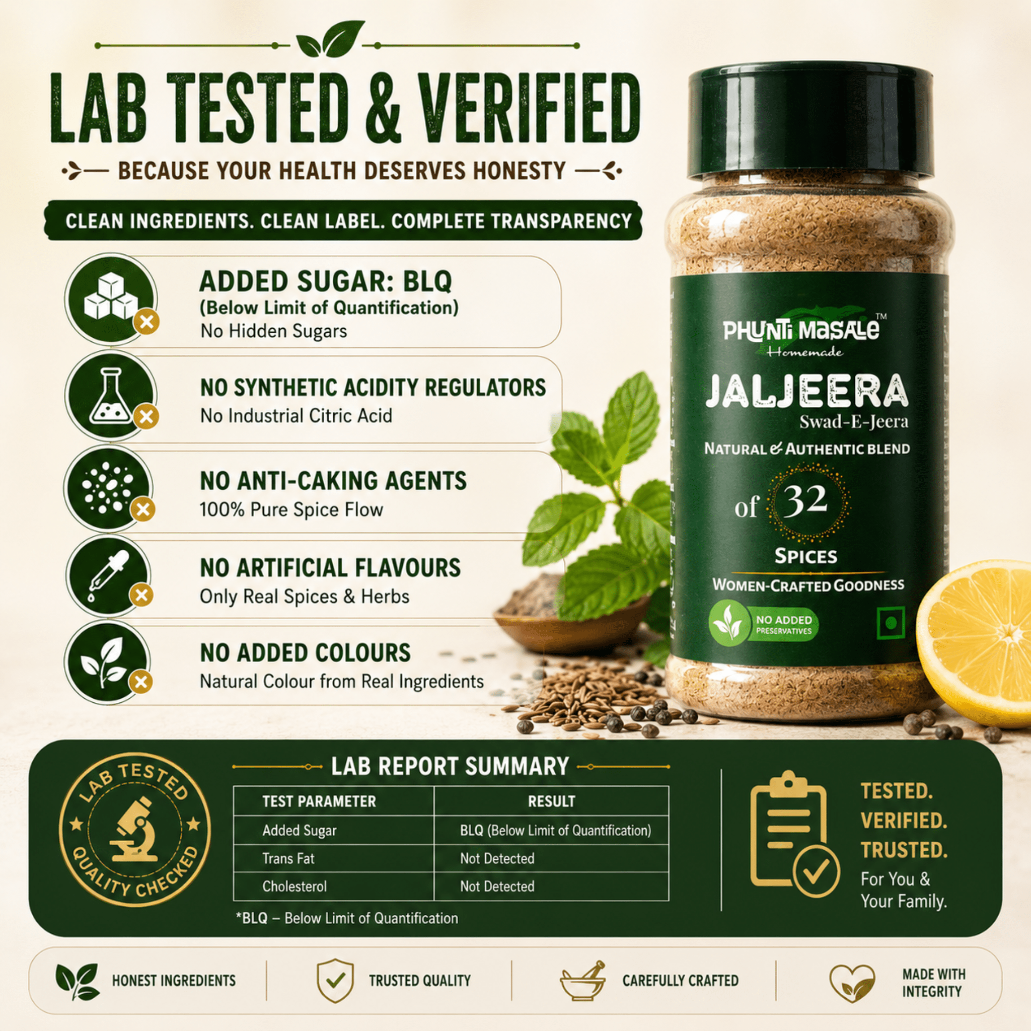 Jaljeera Powder (Swad-E-Jeera) | Family Recipe Jaljeera Masala with 32 Traditional Spices and Herbs | Phunti Masale VSM 6 Lab tested Phunti Jaljeera Swad-E-Jeera masala with transparent quality and ingredient verification