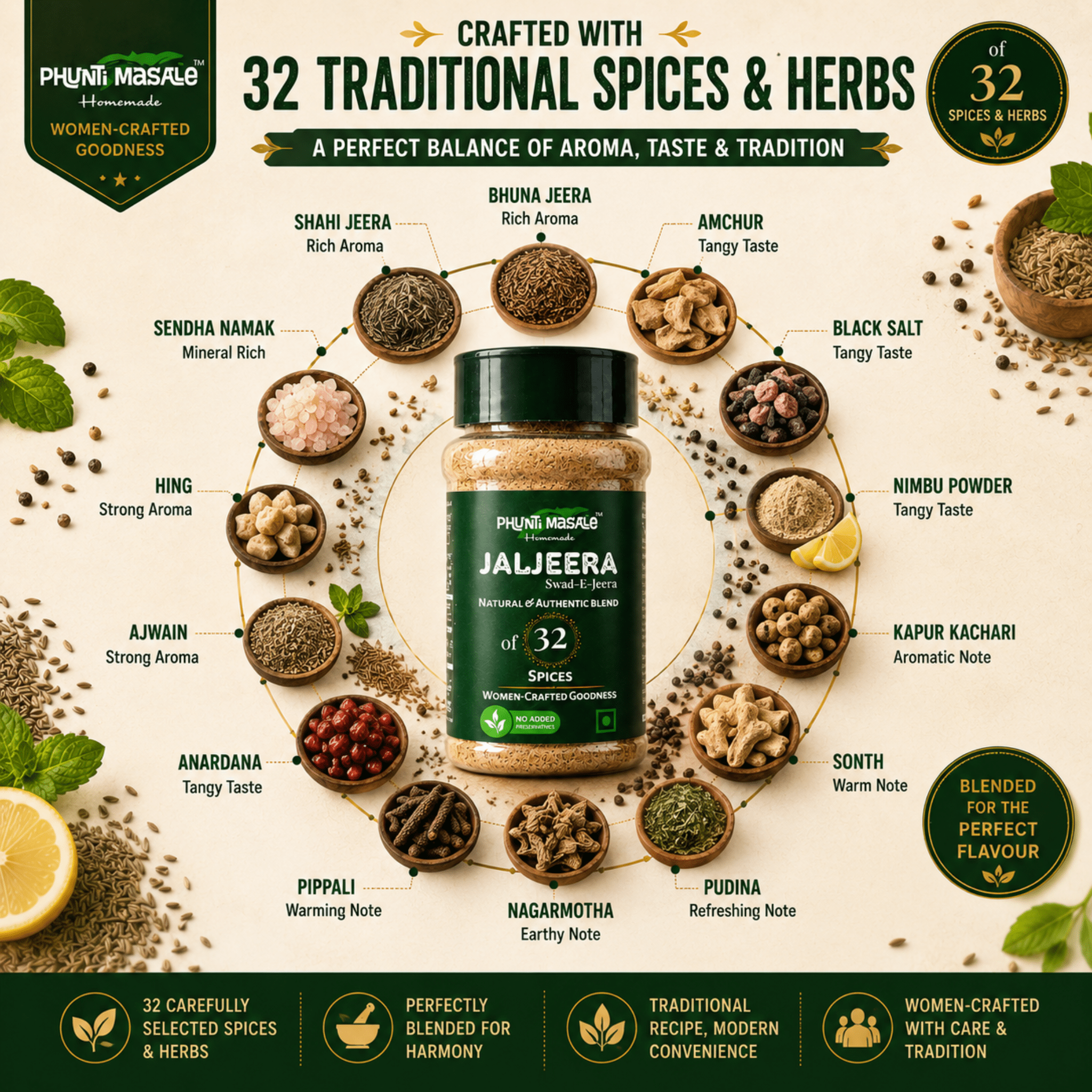 Jaljeera Powder (Swad-E-Jeera) | Family Recipe Jaljeera Masala with 32 Traditional Spices and Herbs | Phunti Masale VSM 3 Phunti Jaljeera Masala ingredient wheel showing traditional spices herbs black salt amchur cumin mint and digestive ingredients