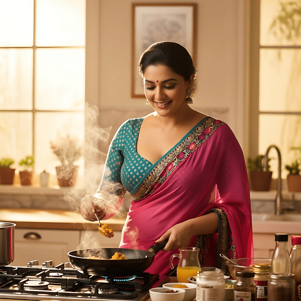 Indian woman cooking with traditional spices in a home kitchen