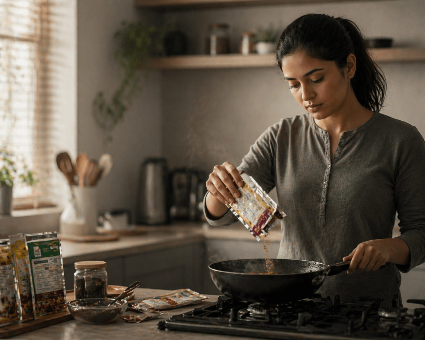modern cooking with processed ingredients and artificial spice mixes in kitchen