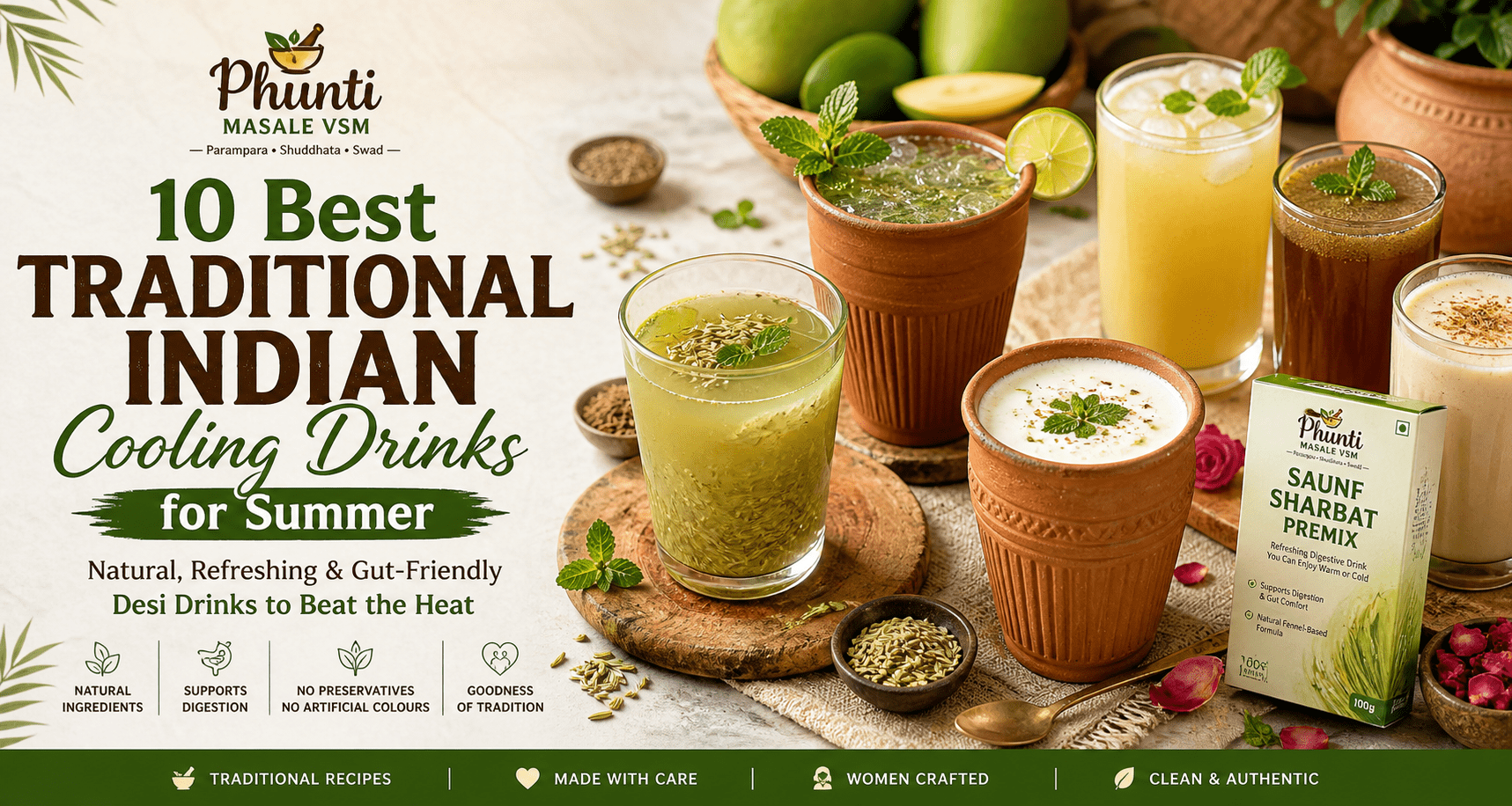 Traditional Indian cooling drinks for summer including aam panna jaljeera lassi and saunf sharbat in kulhad glasses