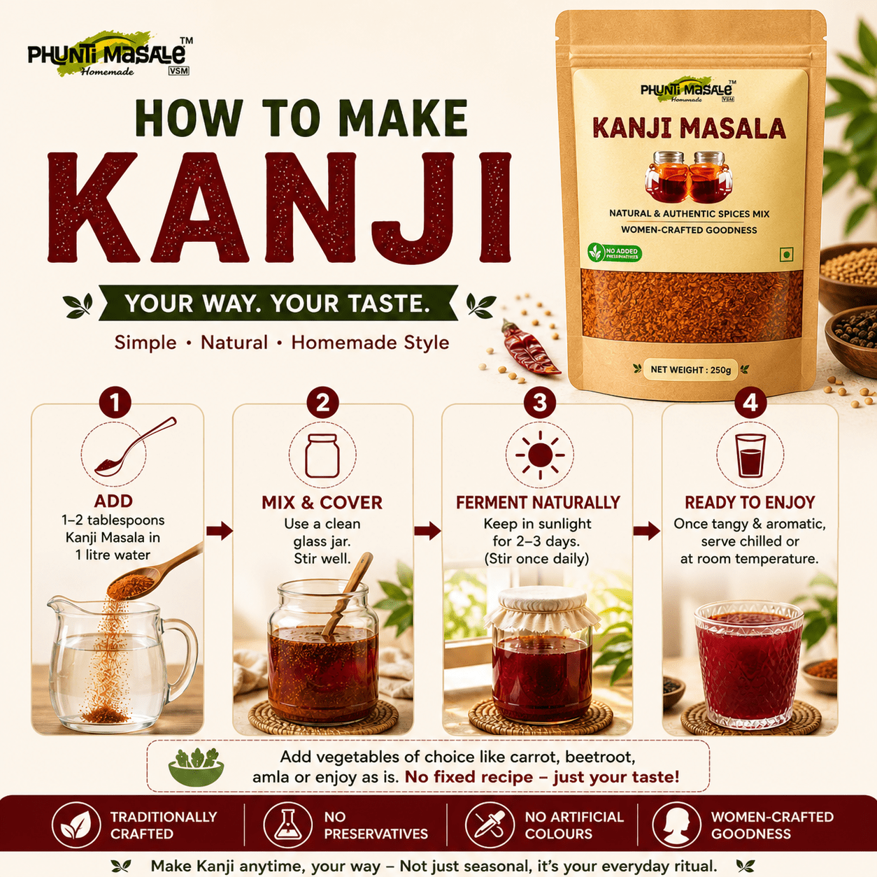 Phunti Masale Kanji Masala Premix 250g | Traditional Homemade Fermented Drink Spice Mix | Easy Kanji Powder | No Preservatives | Women-Crafted Authentic Indian Blend 5 how to make kanji at home using kanji masala premix step by step fermentation process