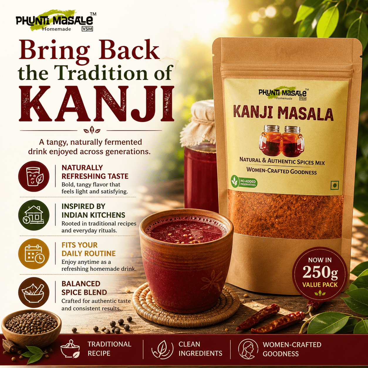 Phunti Masale Kanji Masala Premix 250g | Traditional Homemade Fermented Drink Spice Mix | Easy Kanji Powder | No Preservatives | Women-Crafted Authentic Indian Blend 6 kanji masala premix 250g value pack homemade fermented drink probiotic kanji