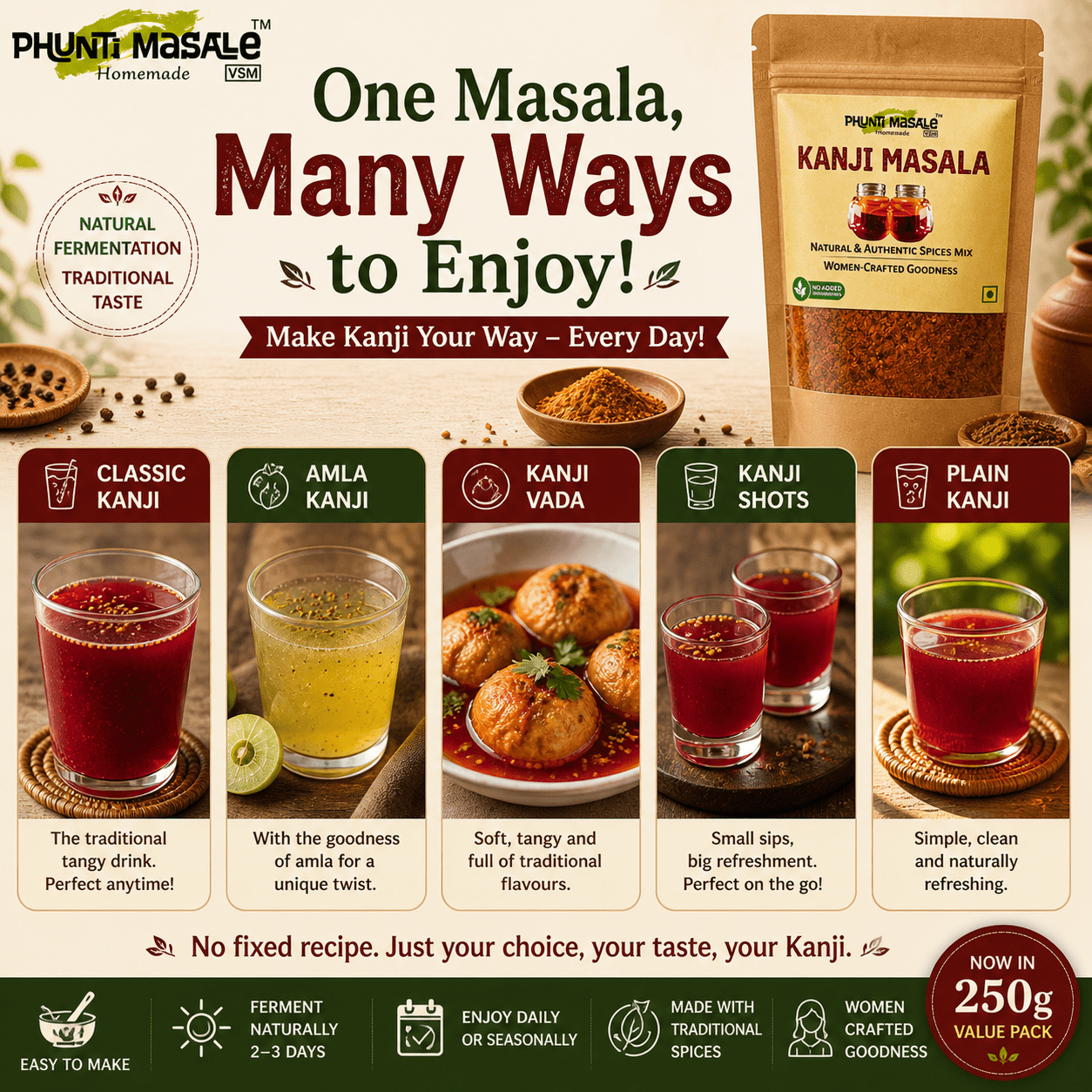 Phunti Masale Kanji Masala Premix 250g | Traditional Homemade Fermented Drink Spice Mix | Easy Kanji Powder | No Preservatives | Women-Crafted Authentic Indian Blend 4 kanji masala premix uses classic kanji amla kanji kanji shots probiotic drink mix India