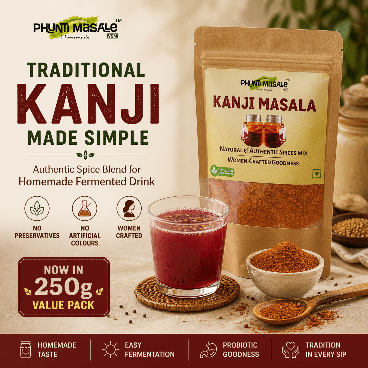 Phunti Masale Kanji Masala Premix 250g | Traditional Homemade Fermented Drink Spice Mix | Easy Kanji Powder | No Preservatives | Women-Crafted Authentic Indian Blend 3 Kanji masala premix 250g traditional fermented drink indian probiotic drink phunti masale