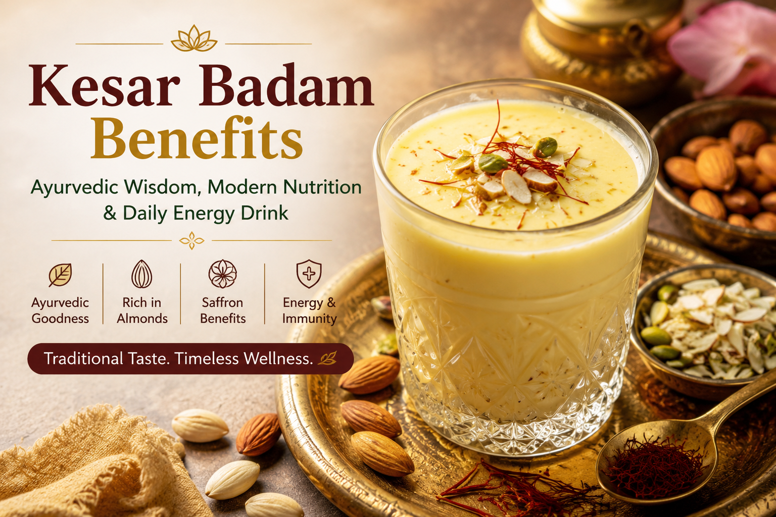 Kesar Badam benefits traditional saffron almond drink with Ayurvedic wellness and daily energy nutrition
