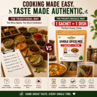 Comparison infographic showing traditional spice cooking versus Phunti Masale Whole Spice Mix sachet cooking