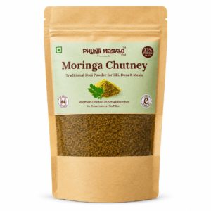 Phunti Masale Moringa Chutney Powder 150g pouch on white background with 23 percent plant protein