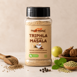 Triphala Chatpata Masala made with Triphala, Ajwain, Jeera, Saunf, Pudina and traditional Indian ingredients