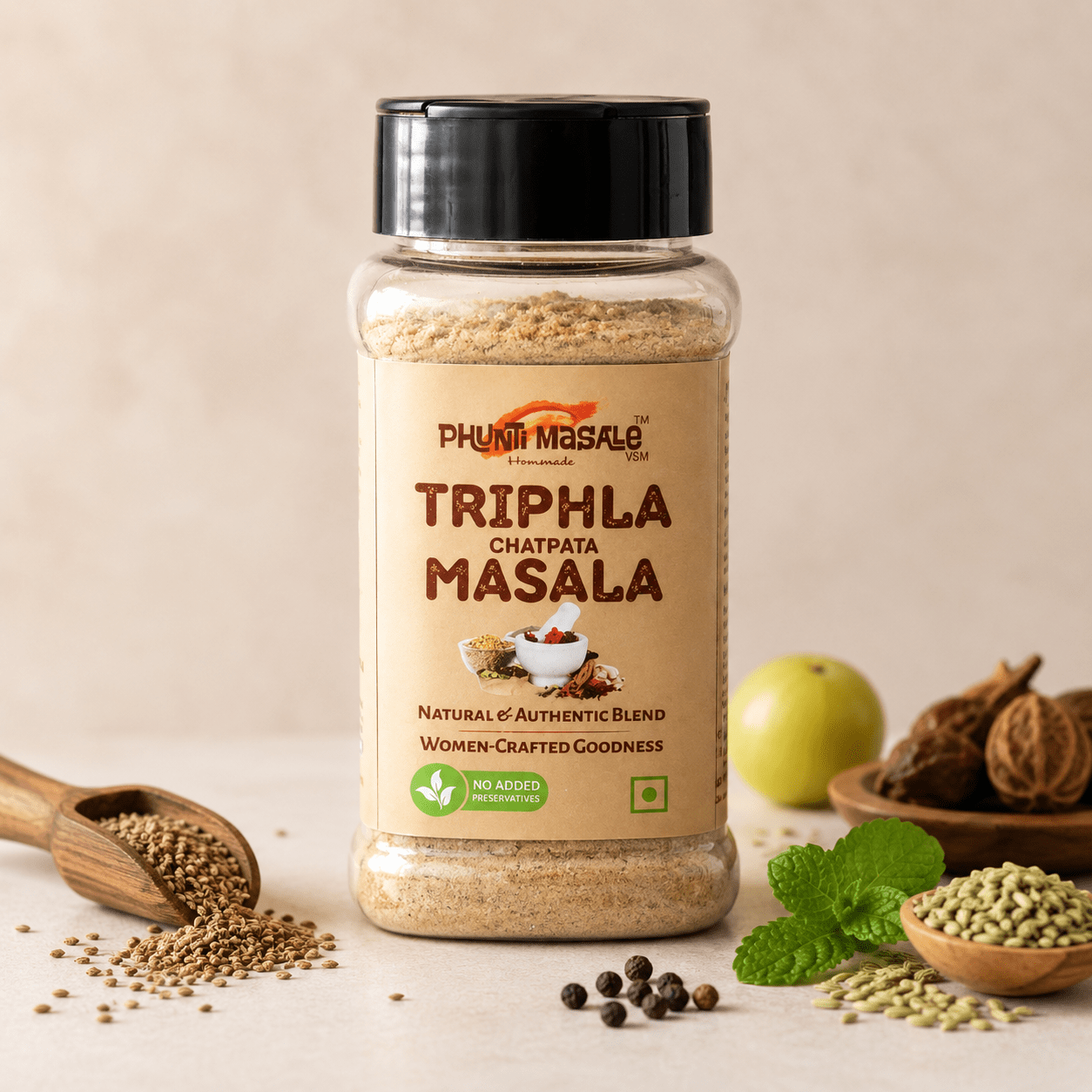 Triphala Chatpata Masala for Chai, Fruits, Salads, Sprouts, Dahi & Snacks, 100g 1 Triphala Chatpata Masala made with Triphala, Ajwain, Jeera, Saunf, Pudina and traditional Indian ingredients