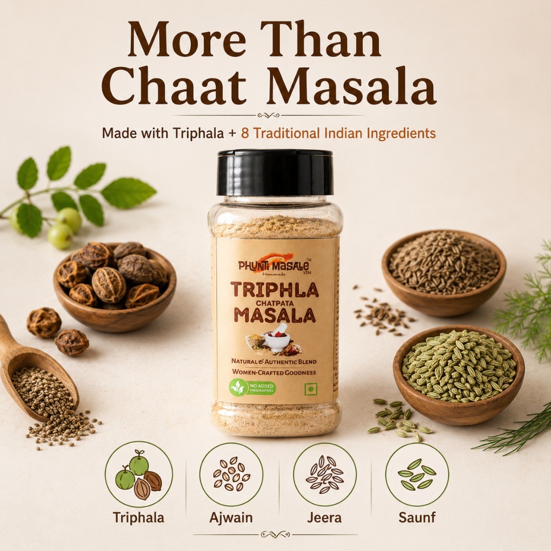 Triphala Chatpata Masala for Chai, Fruits, Salads, Sprouts, Dahi & Snacks, 100g 2 Triphala Chatpata Masala made with Triphala, Ajwain, Jeera and Saunf traditional Indian ingredients