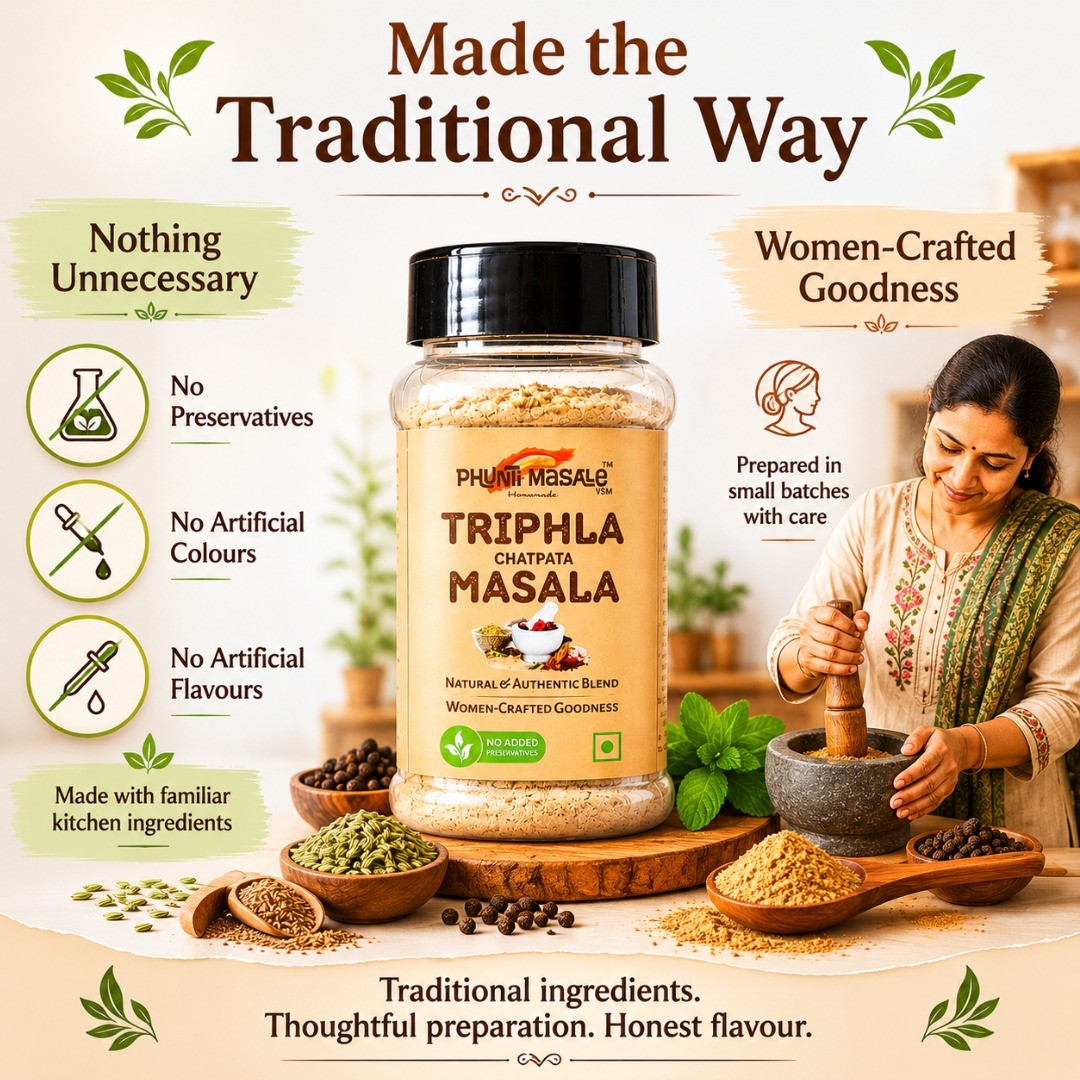Triphala Chatpata Masala for Chai, Fruits, Salads, Sprouts, Dahi & Snacks, 100g 7 Women crafted Triphala Chatpata Masala prepared in small batches using traditional Indian ingredients