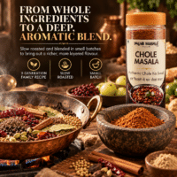 Phunti Masale Chole Masala jar with whole spices in a traditional pan and freshly ground masala.