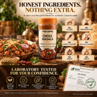 Phunti Masale Chole Masala jar with Punjabi chole, ingredient claims and laboratory testing details.
