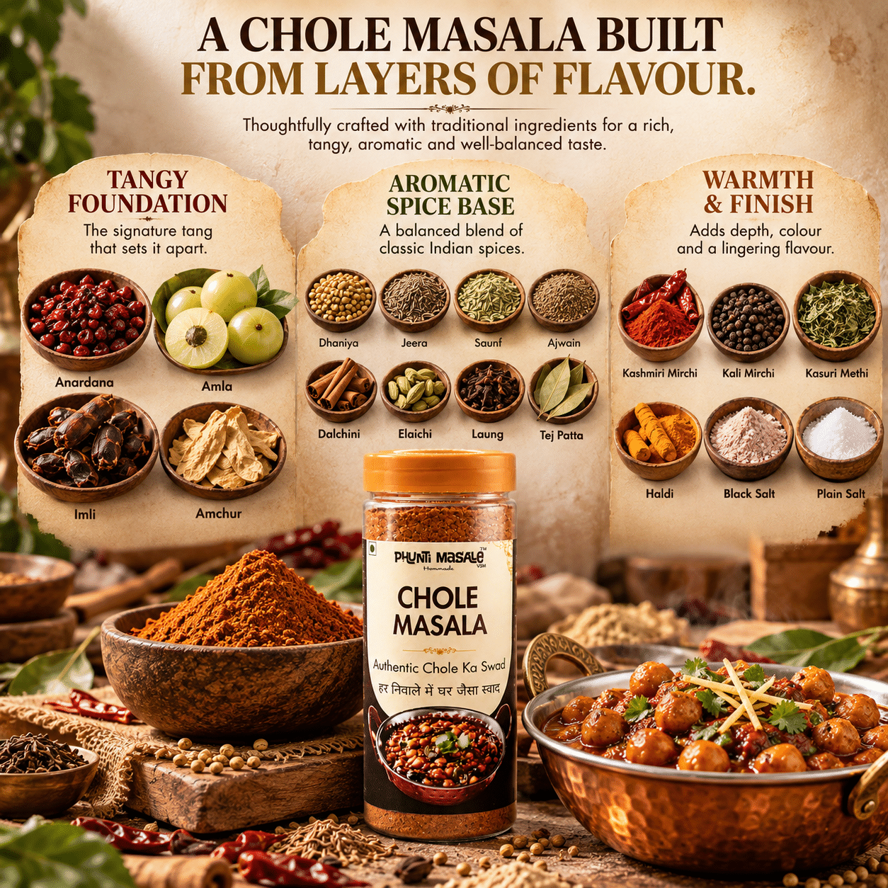 Chole Masala Powder 150g | Authentic Punjabi Chana Masala for Chole Bhature, Traditional Homemade Taste 4 Phunti Masale Chole Masala jar surrounded by Punjabi chole and ingredients including anardana, amla, imli and Indian spices.