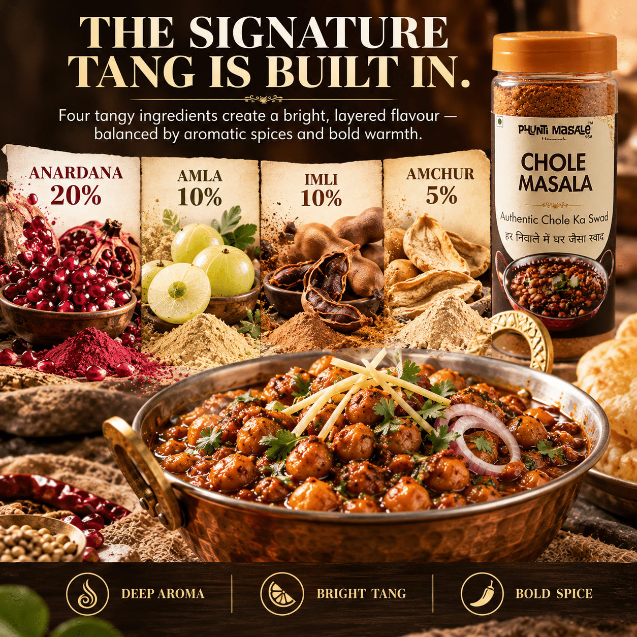 Chole Masala Powder 150g | Authentic Punjabi Chana Masala for Chole Bhature, Traditional Homemade Taste 3 Phunti Masale Chole Masala infographic featuring anardana, amla, imli and amchur for tangy Punjabi chole