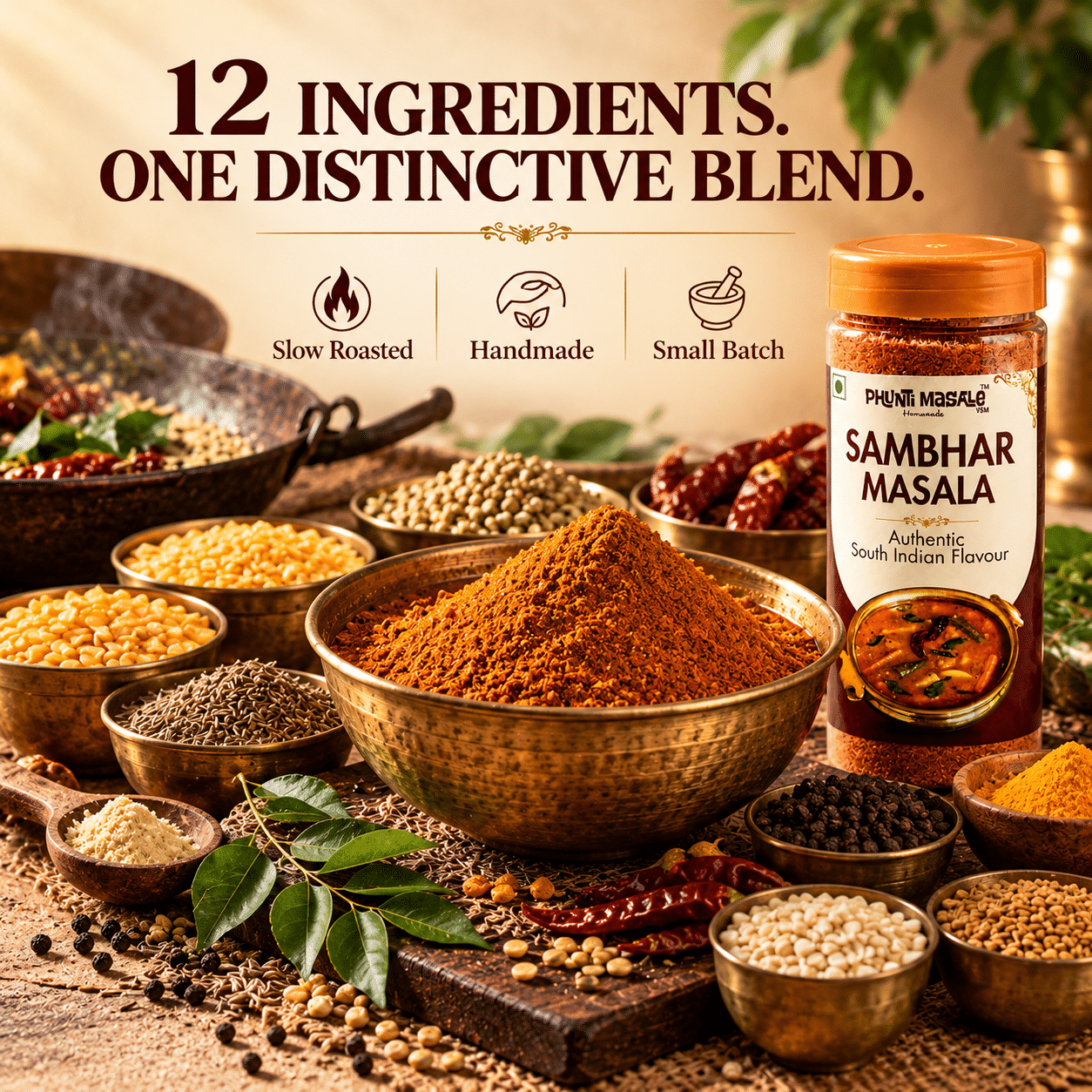 Sambar Masala Powder – South Indian Sambhar Spice Blend, 150 g 3 Phunti Masale Sambhar Masala made with 12 declared ingredients in small batches