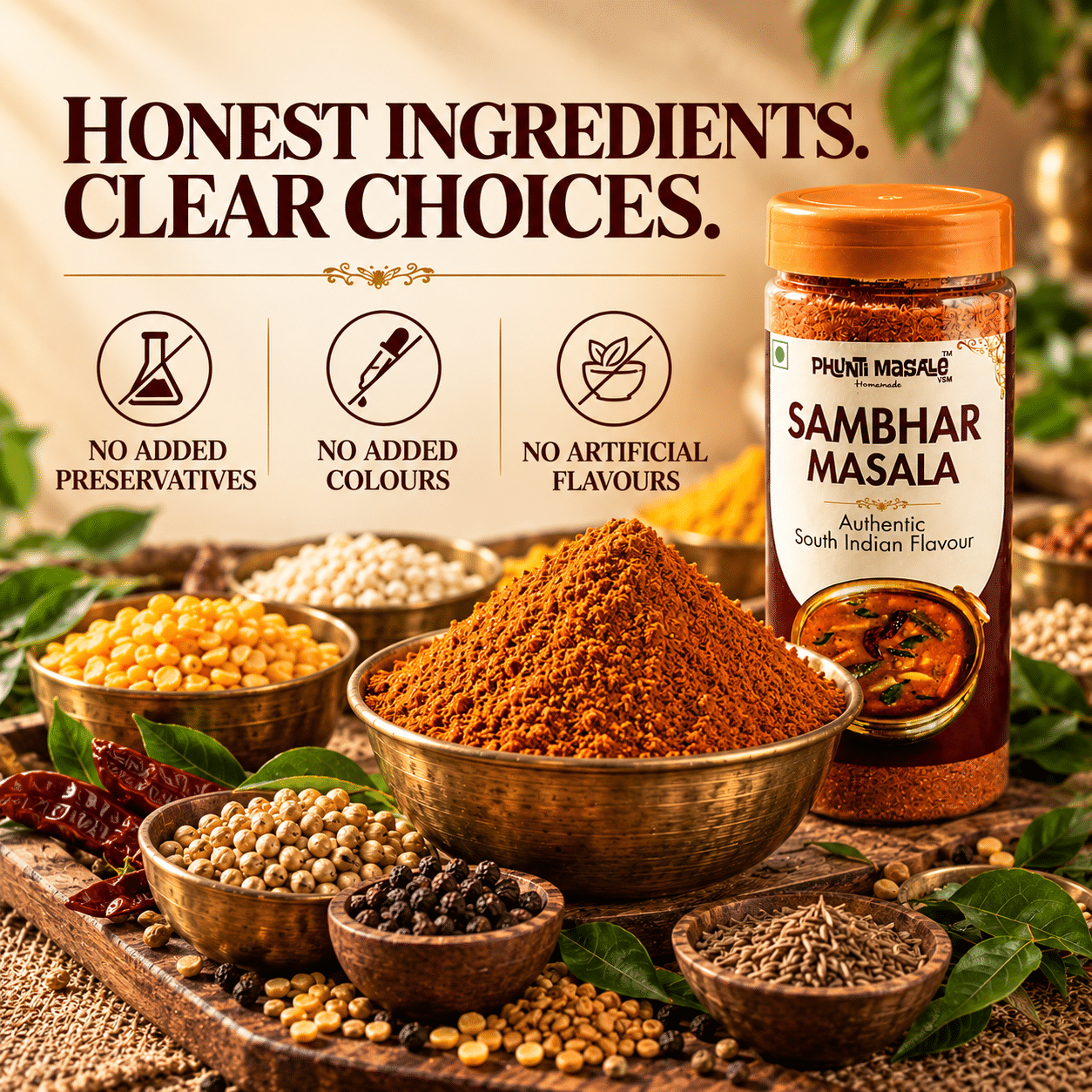Sambar Masala Powder – South Indian Sambhar Spice Blend, 150 g 5 Phunti Masale Sambhar Masala with honest ingredients and no added preservatives, colours or artificial flavours